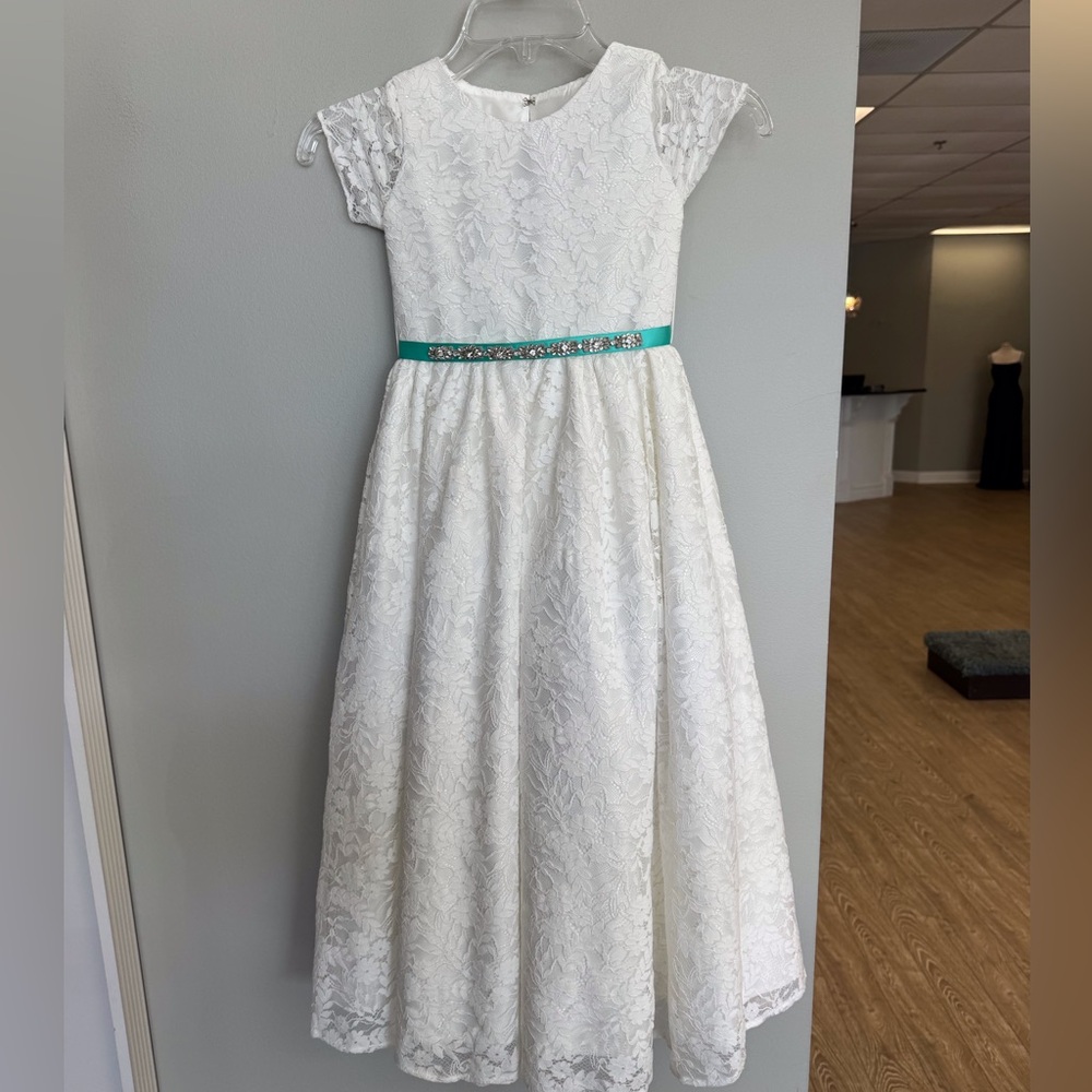 Charming White Lace Kids Dress with Teal Accent
